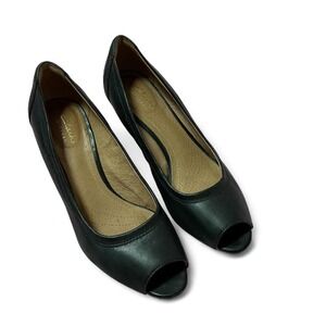 Clarks Artisan Black Leather Peep Toe Cork‎ Wedge Heel Shoes